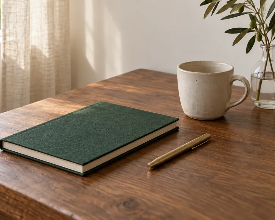 Caderno de capa verde, caneta de latão e xícara sobre mesa de madeira junto à janela